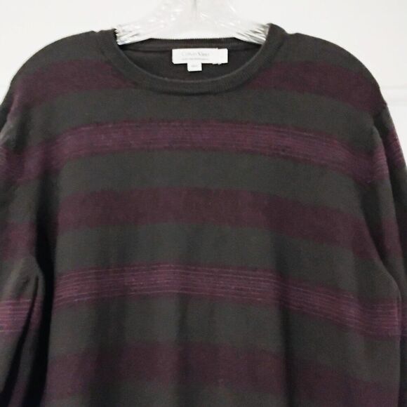 Calvin Klein Women's Sweater Crew Neck Merino Wool Stripe Soft Olive Eggplant L - Picture 4 of 11